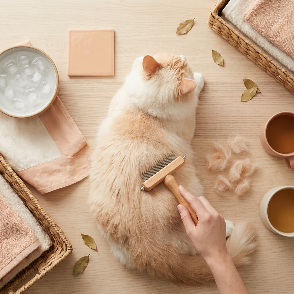 اصلاح موی گربه؛ هر آنچه باید بدانید (راهنمای کامل و علمی) 2 Flat lay برسزنی + Furminator